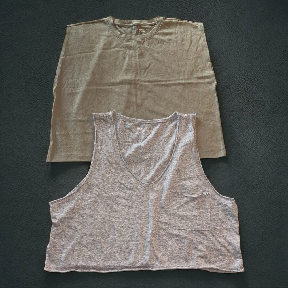 Aerie Sleeveless Crop Top Gray and American Eagle Muscle Tee Olive Green XL NWOT